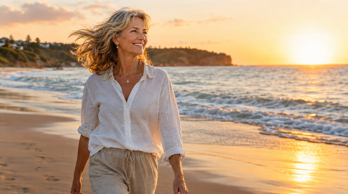 Woman in her fifties walking along an Australian beach at golden hour