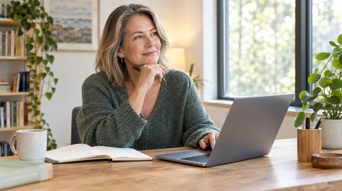 Woman in her fifties writing her dating profile at a laptop