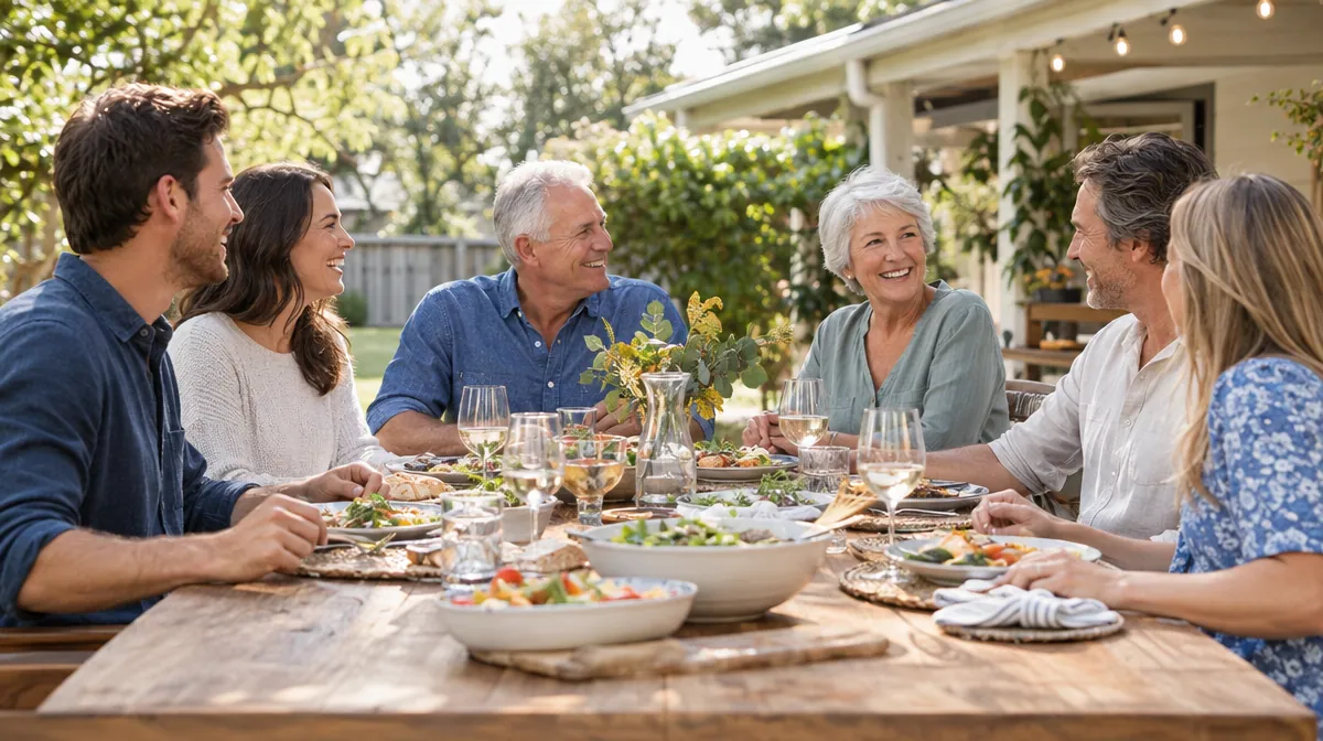Family lunch at a long outdoor table with parents and adult children
