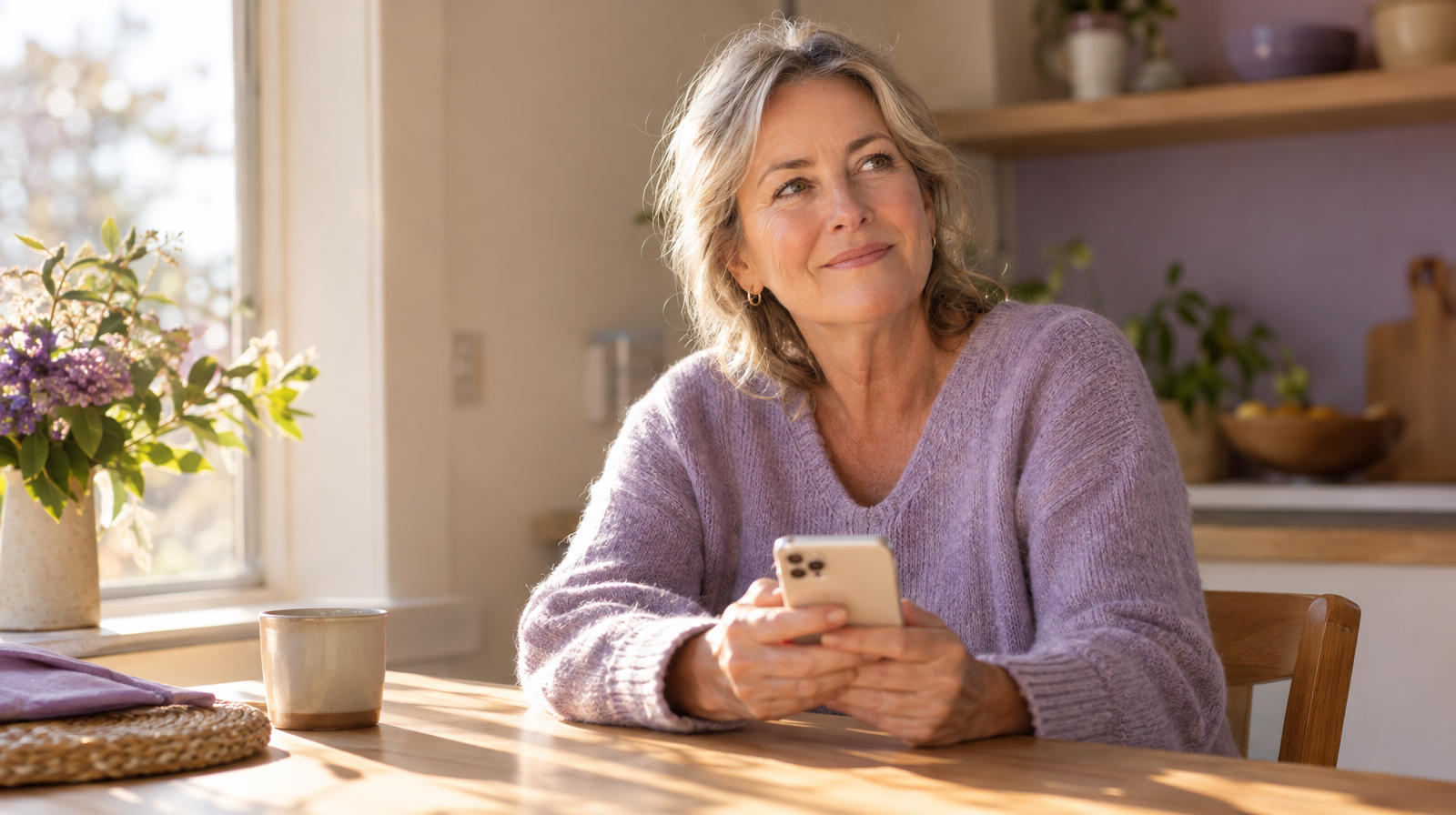 Woman in her fifties at a sunny kitchen table holding her phone and thinking about dating again